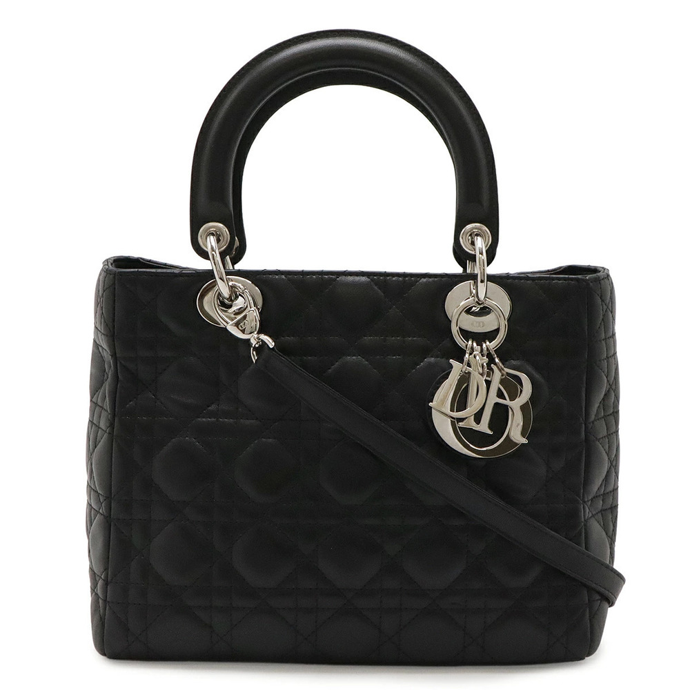 Christian Dior Lady Cannage 2way Shoulder Bag Leather Black